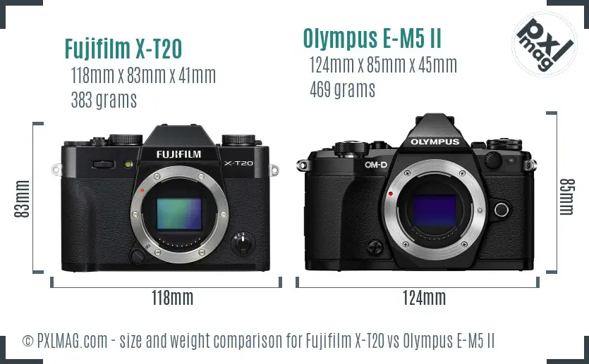 Fujifilm X-T20 vs Olympus E-M5 II size comparison Fujifilm X-T20 vs Olympus E-M5 II size comparison