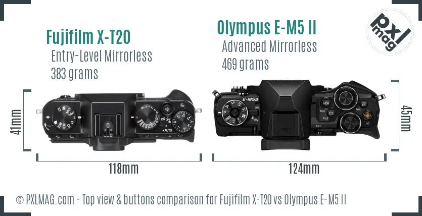 Fujifilm X-T20 vs Olympus E-M5 II top view buttons comparison Fujifilm X-T20 vs Olympus E-M5 II top view buttons comparison