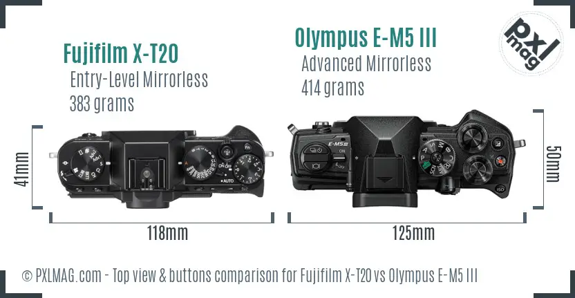 Fujifilm X-T20 vs Olympus E-M5 III top view buttons comparison