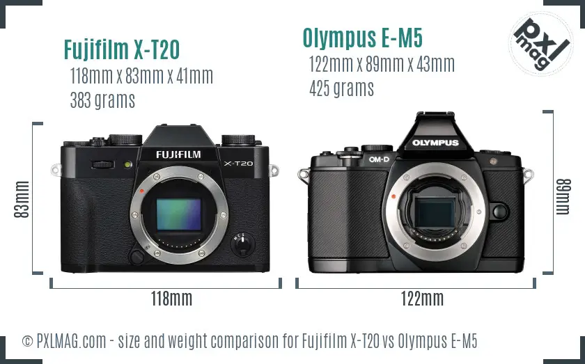 Fujifilm X-T20 vs Olympus E-M5 size comparison