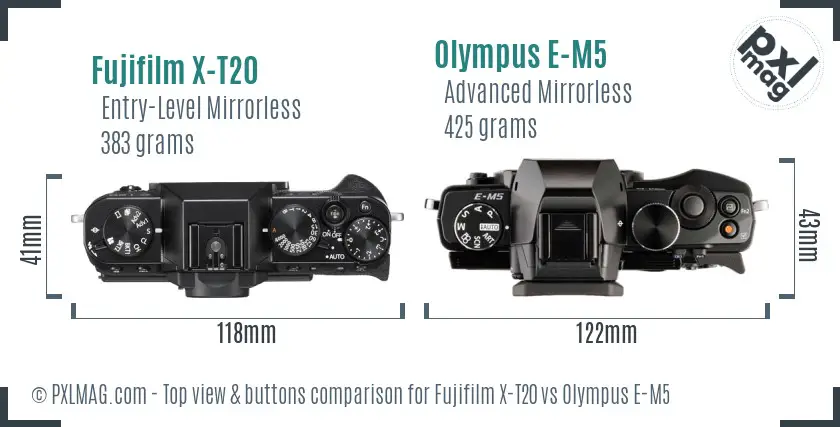 Fujifilm X-T20 vs Olympus E-M5 top view buttons comparison