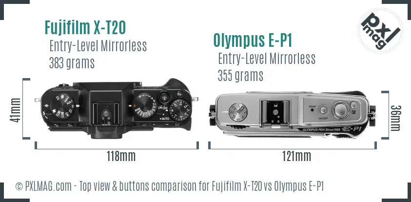 Fujifilm X-T20 vs Olympus E-P1 top view buttons comparison