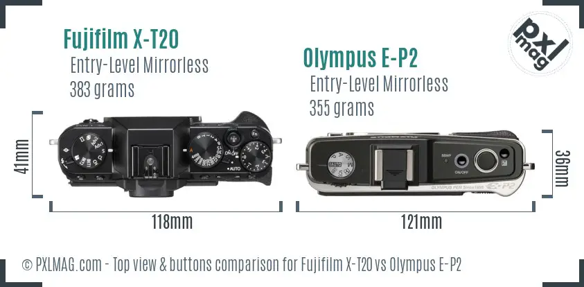 Fujifilm X-T20 vs Olympus E-P2 top view buttons comparison