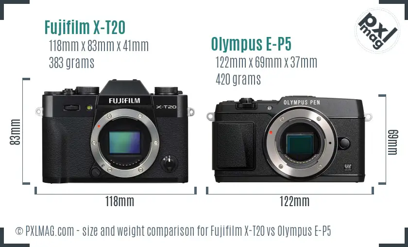 Fujifilm X-T20 vs Olympus E-P5 size comparison