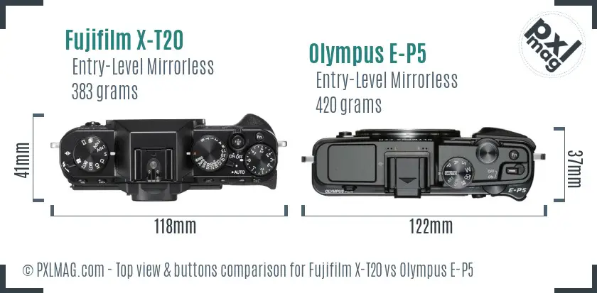 Fujifilm X-T20 vs Olympus E-P5 top view buttons comparison