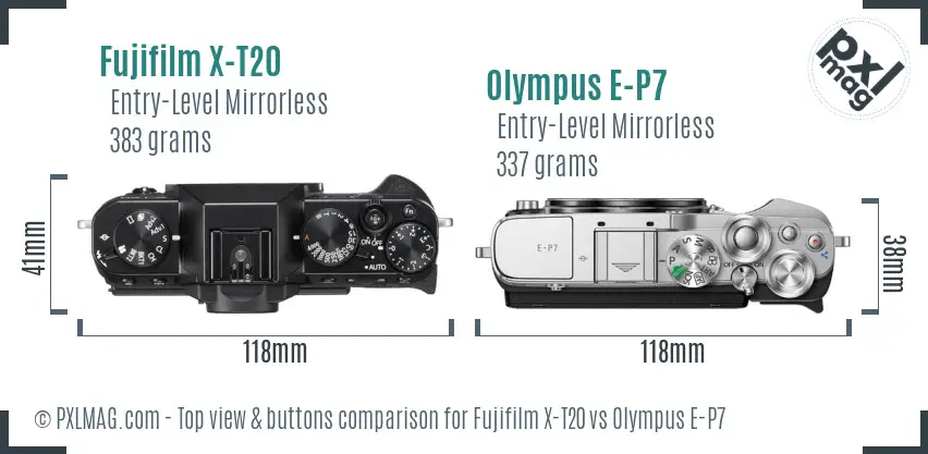 Fujifilm X-T20 vs Olympus E-P7 top view buttons comparison