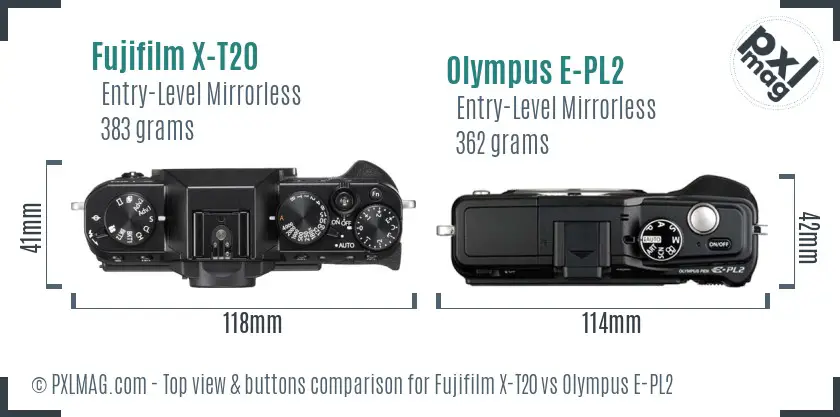 Fujifilm X-T20 vs Olympus E-PL2 top view buttons comparison