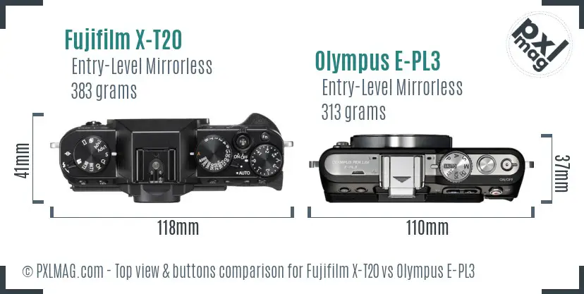 Fujifilm X-T20 vs Olympus E-PL3 top view buttons comparison