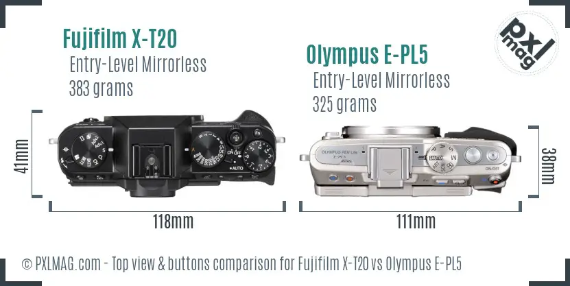 Fujifilm X-T20 vs Olympus E-PL5 top view buttons comparison
