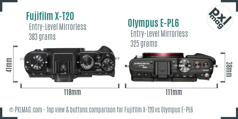 Fujifilm X-T20 vs Olympus E-PL6 top view buttons comparison