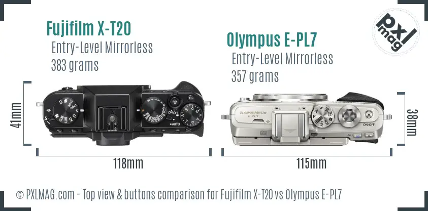 Fujifilm X-T20 vs Olympus E-PL7 top view buttons comparison