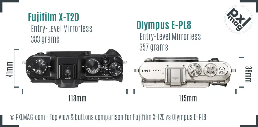 Fujifilm X-T20 vs Olympus E-PL8 top view buttons comparison
