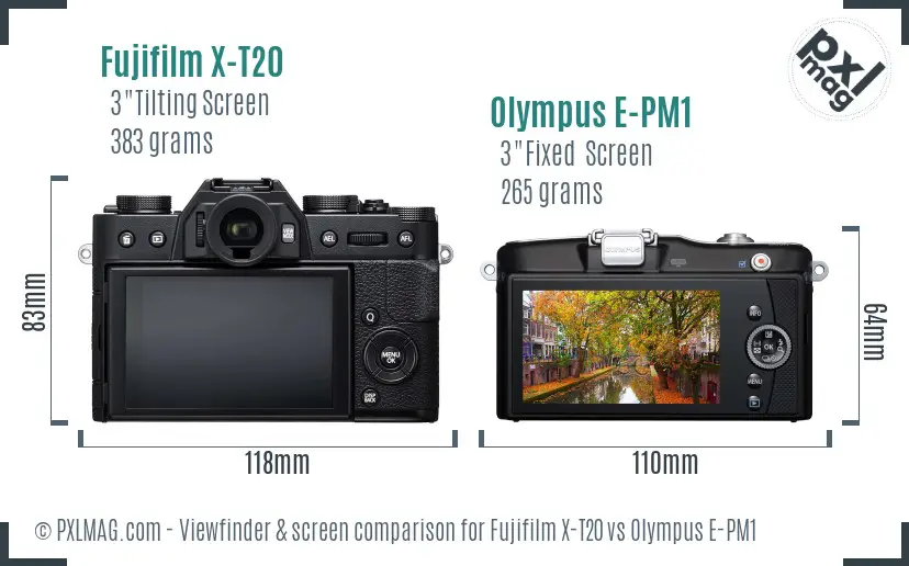 Fujifilm X-T20 vs Olympus E-PM1 Screen and Viewfinder comparison