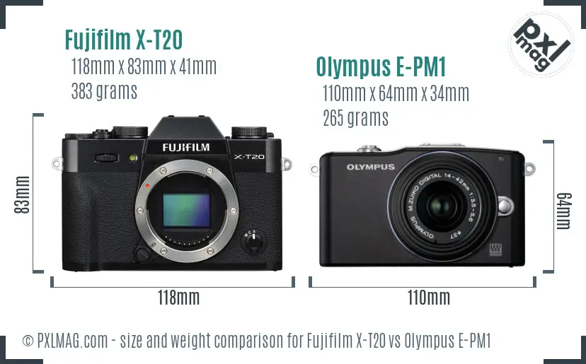 Fujifilm X-T20 vs Olympus E-PM1 size comparison