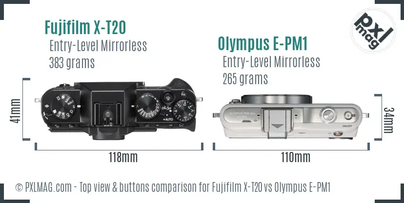 Fujifilm X-T20 vs Olympus E-PM1 top view buttons comparison