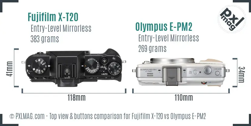 Fujifilm X-T20 vs Olympus E-PM2 top view buttons comparison