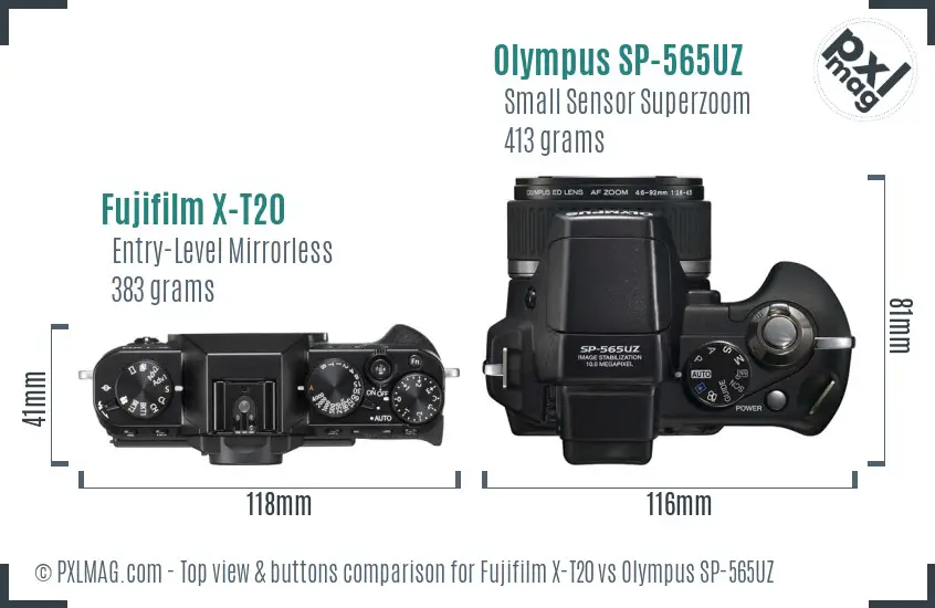 Fujifilm X-T20 vs Olympus SP-565UZ top view buttons comparison