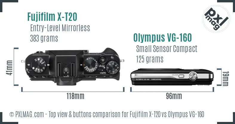 Fujifilm X-T20 vs Olympus VG-160 top view buttons comparison
