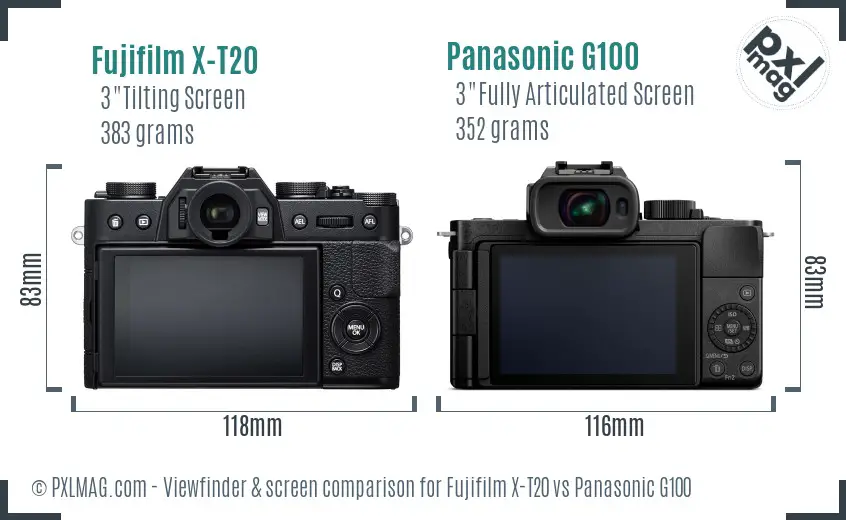 Fujifilm X-T20 vs Panasonic G100 Screen and Viewfinder comparison