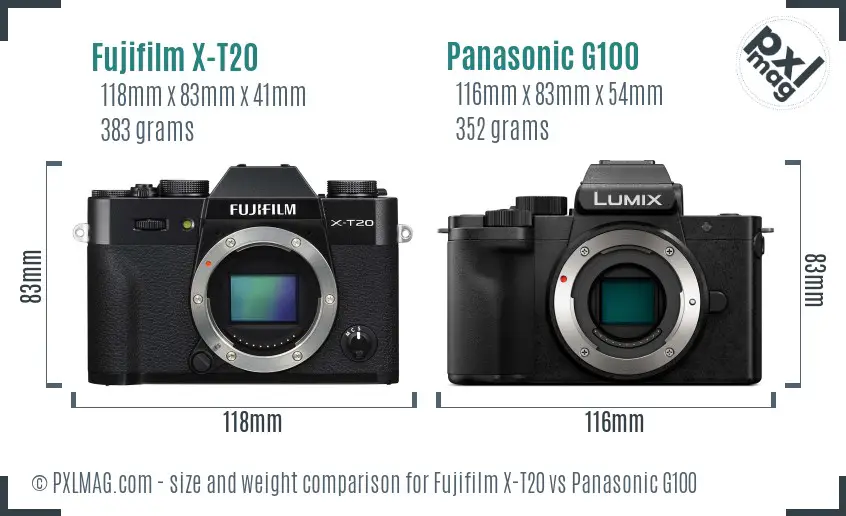 Fujifilm X-T20 vs Panasonic G100 size comparison