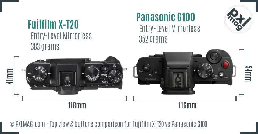 Fujifilm X-T20 vs Panasonic G100 top view buttons comparison