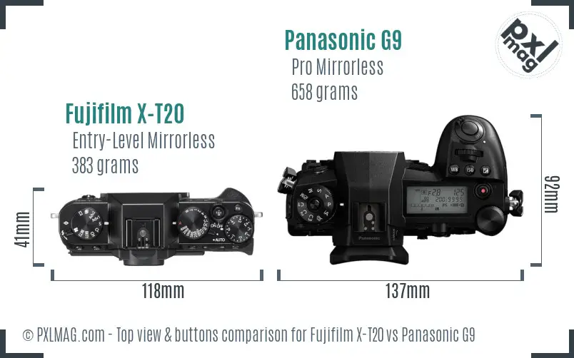 Fujifilm X-T20 vs Panasonic G9 top view buttons comparison