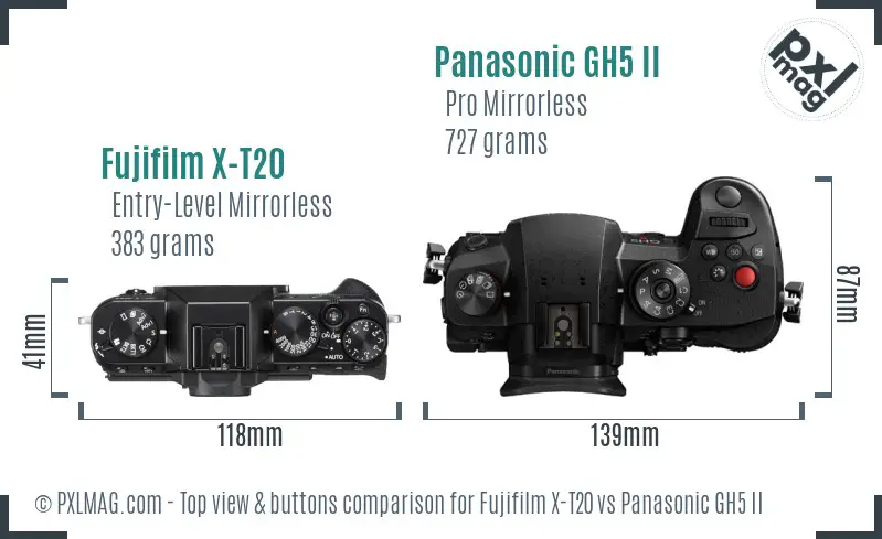 Fujifilm X-T20 vs Panasonic GH5 II top view buttons comparison