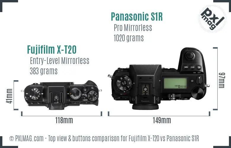 Fujifilm X-T20 vs Panasonic S1R top view buttons comparison Fujifilm X-T20 vs Panasonic S1R top view buttons comparison