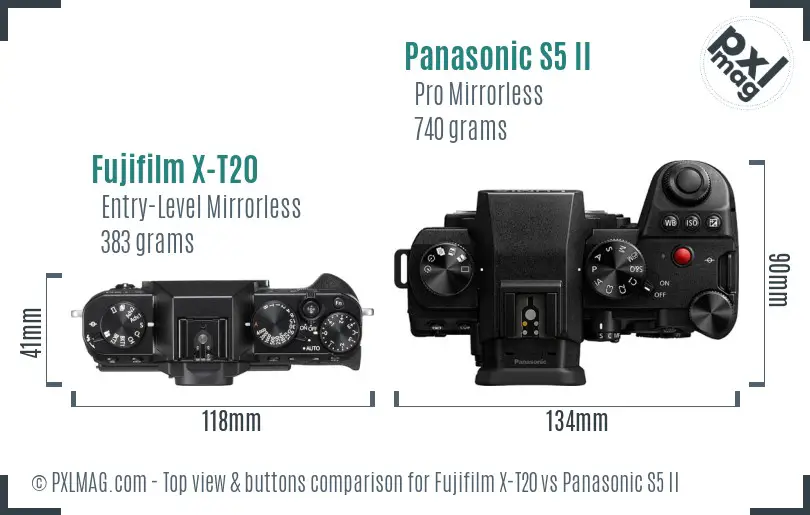 Fujifilm X-T20 vs Panasonic S5 II top view buttons comparison