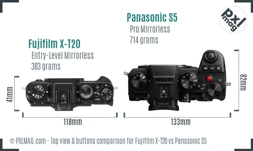 Fujifilm X-T20 vs Panasonic S5 top view buttons comparison