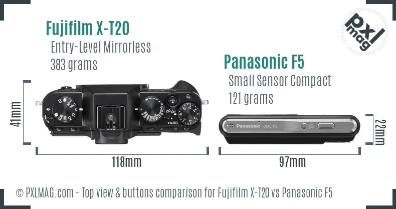 Fujifilm X-T20 vs Panasonic F5 top view buttons comparison