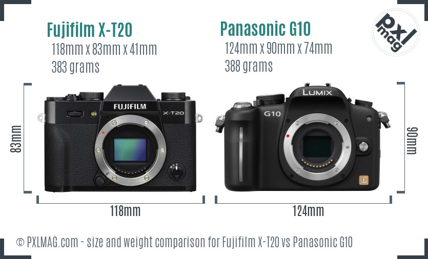 Fujifilm X-T20 vs Panasonic G10 size comparison