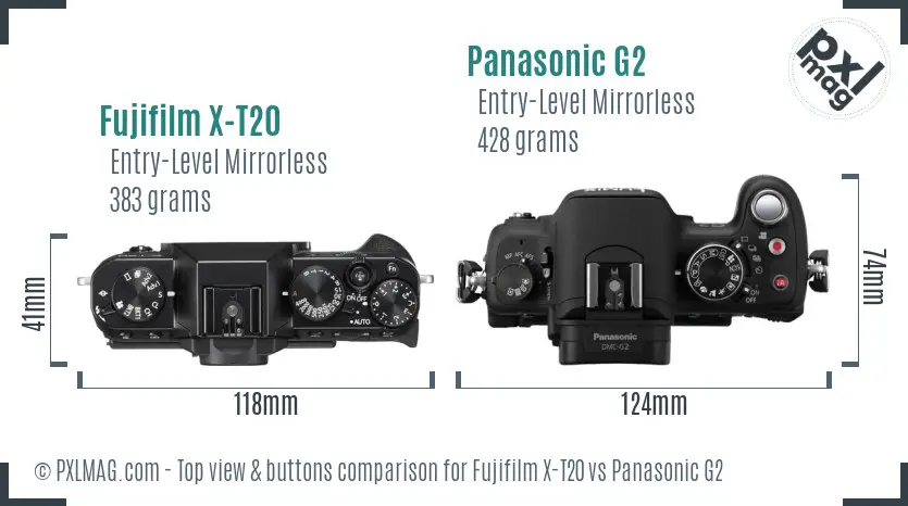 Fujifilm X-T20 vs Panasonic G2 top view buttons comparison