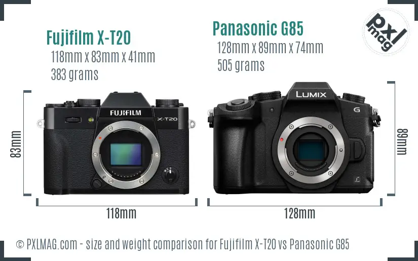 Fujifilm X-T20 vs Panasonic G85 size comparison