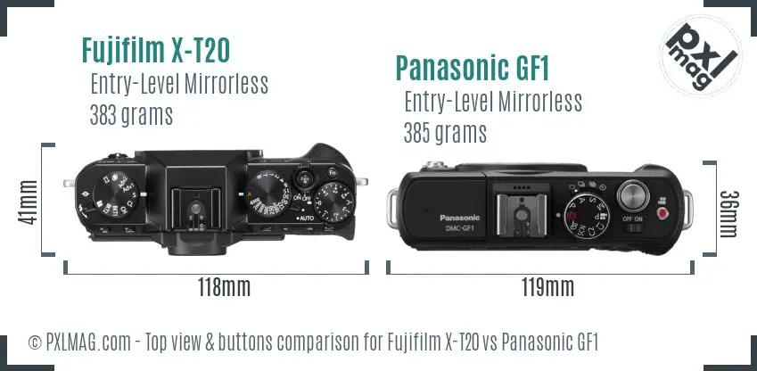 Fujifilm X-T20 vs Panasonic GF1 top view buttons comparison Fujifilm X-T20 vs Panasonic GF1 top view buttons comparison