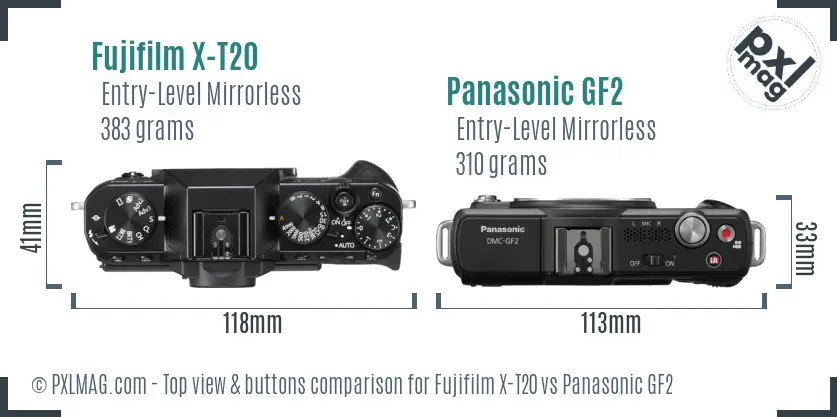 Fujifilm X-T20 vs Panasonic GF2 top view buttons comparison