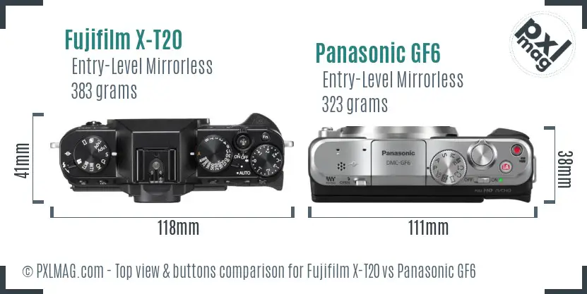 Fujifilm X-T20 vs Panasonic GF6 top view buttons comparison