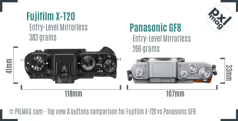 Fujifilm X-T20 vs Panasonic GF8 top view buttons comparison