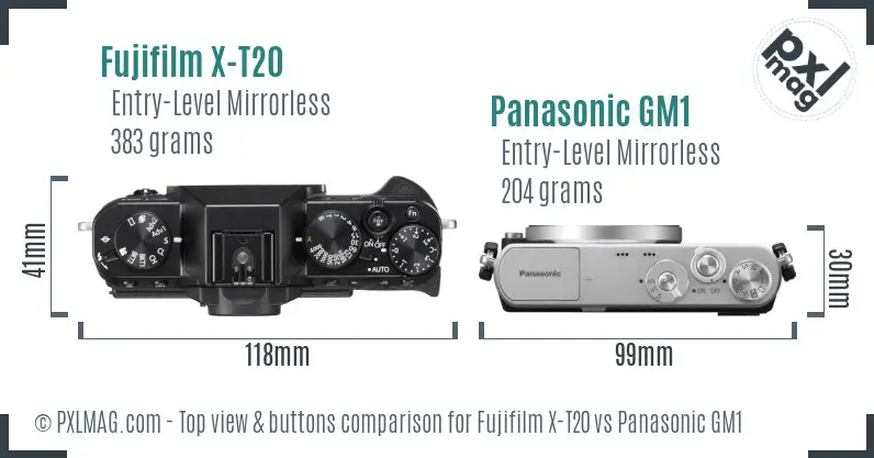 Fujifilm X-T20 vs Panasonic GM1 top view buttons comparison