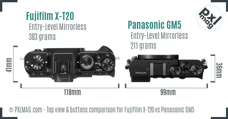 Fujifilm X-T20 vs Panasonic GM5 top view buttons comparison