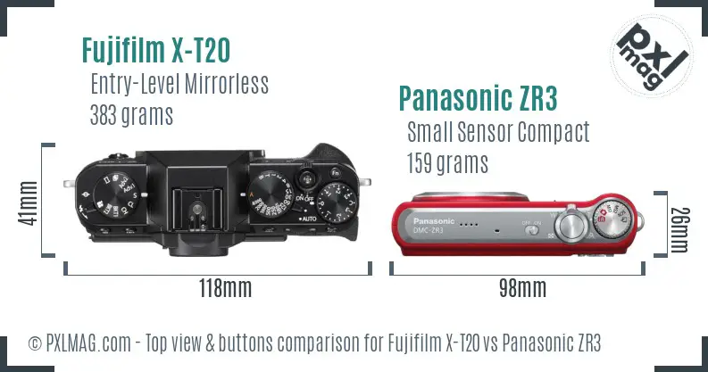 Fujifilm X-T20 vs Panasonic ZR3 top view buttons comparison