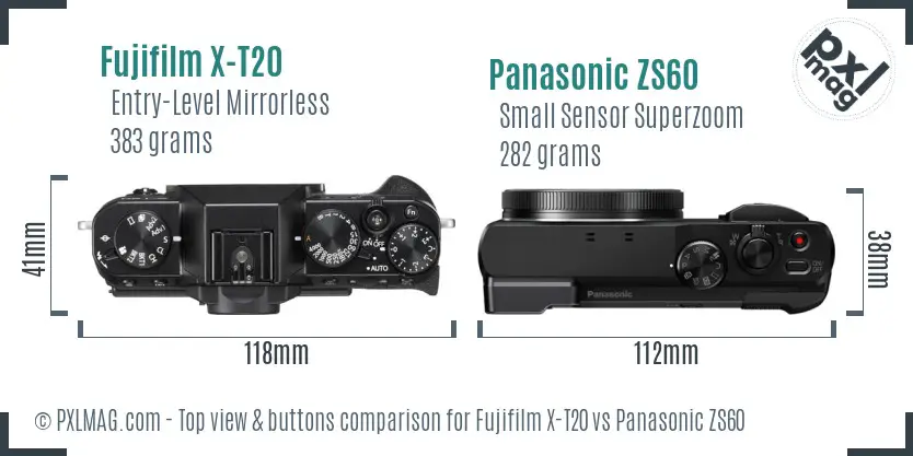 Fujifilm X-T20 vs Panasonic ZS60 top view buttons comparison