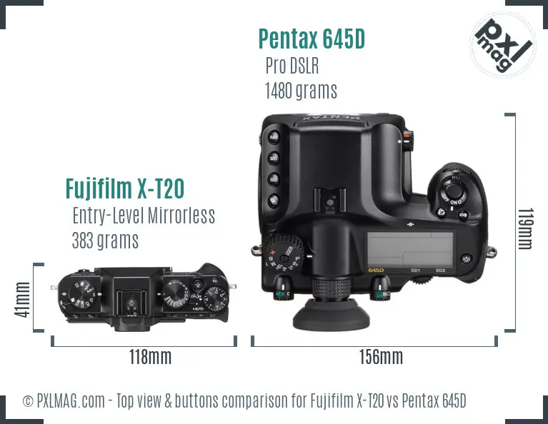 Fujifilm X-T20 vs Pentax 645D top view buttons comparison