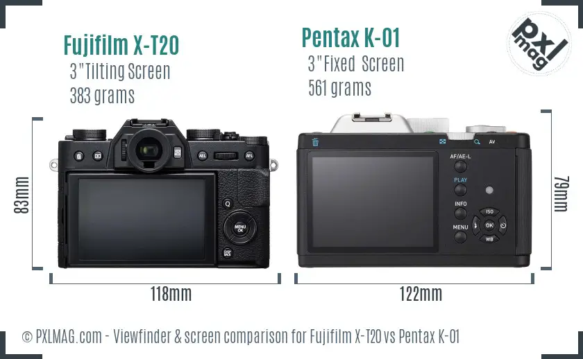 Fujifilm X-T20 vs Pentax K-01 Screen and Viewfinder comparison