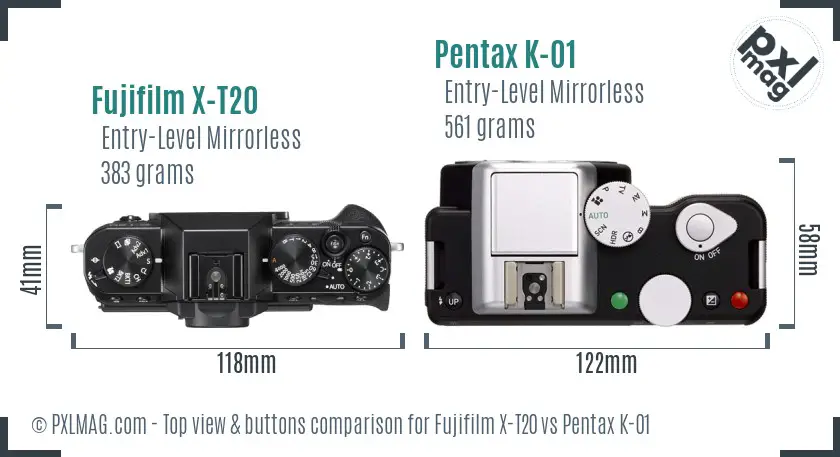 Fujifilm X-T20 vs Pentax K-01 top view buttons comparison