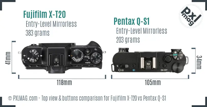 Fujifilm X-T20 vs Pentax Q-S1 top view buttons comparison Fujifilm X-T20 vs Pentax Q-S1 top view buttons comparison