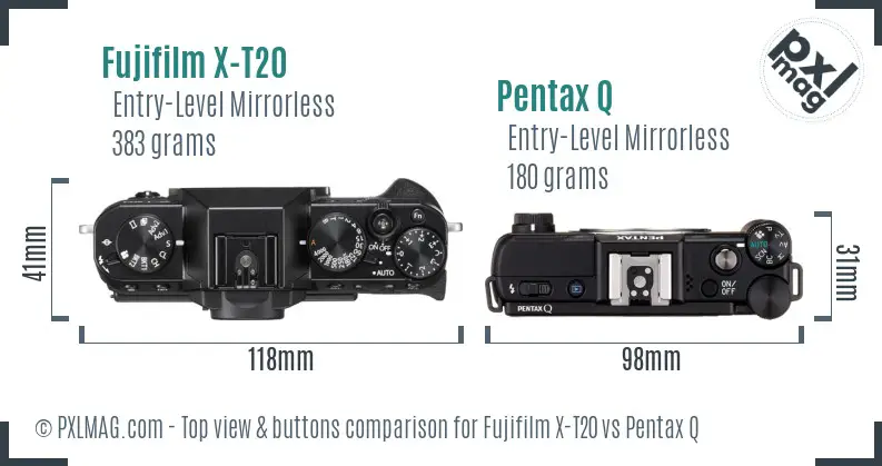 Fujifilm X-T20 vs Pentax Q top view buttons comparison Fujifilm X-T20 vs Pentax Q top view buttons comparison