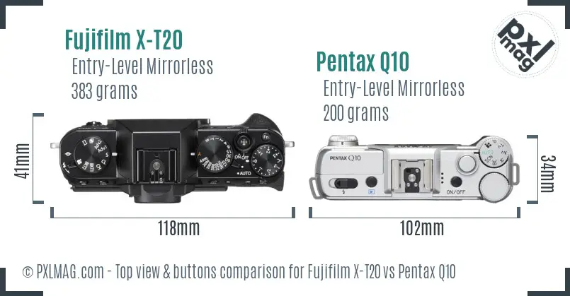 Fujifilm X-T20 vs Pentax Q10 top view buttons comparison