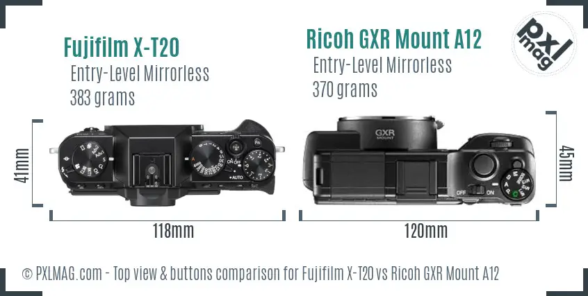 Fujifilm X-T20 vs Ricoh GXR Mount A12 top view buttons comparison