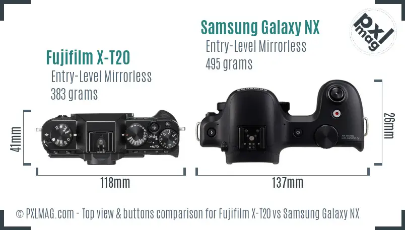 Fujifilm X-T20 vs Samsung Galaxy NX top view buttons comparison